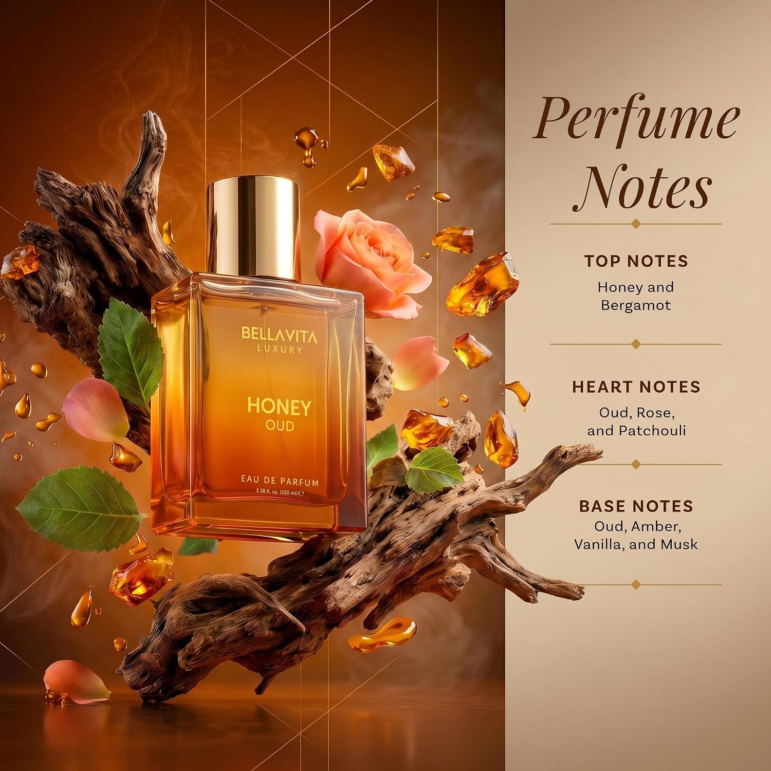 Bellavita Luxury Honey Oud Eau De Parfum (100 Ml) | Patschuli, Vanille, Bergamotte, Blumig & Würzig | Langanhaltender Unisex-Duft Für Damen Und Herren | Das Perfekte Valentinstagsgeschenk