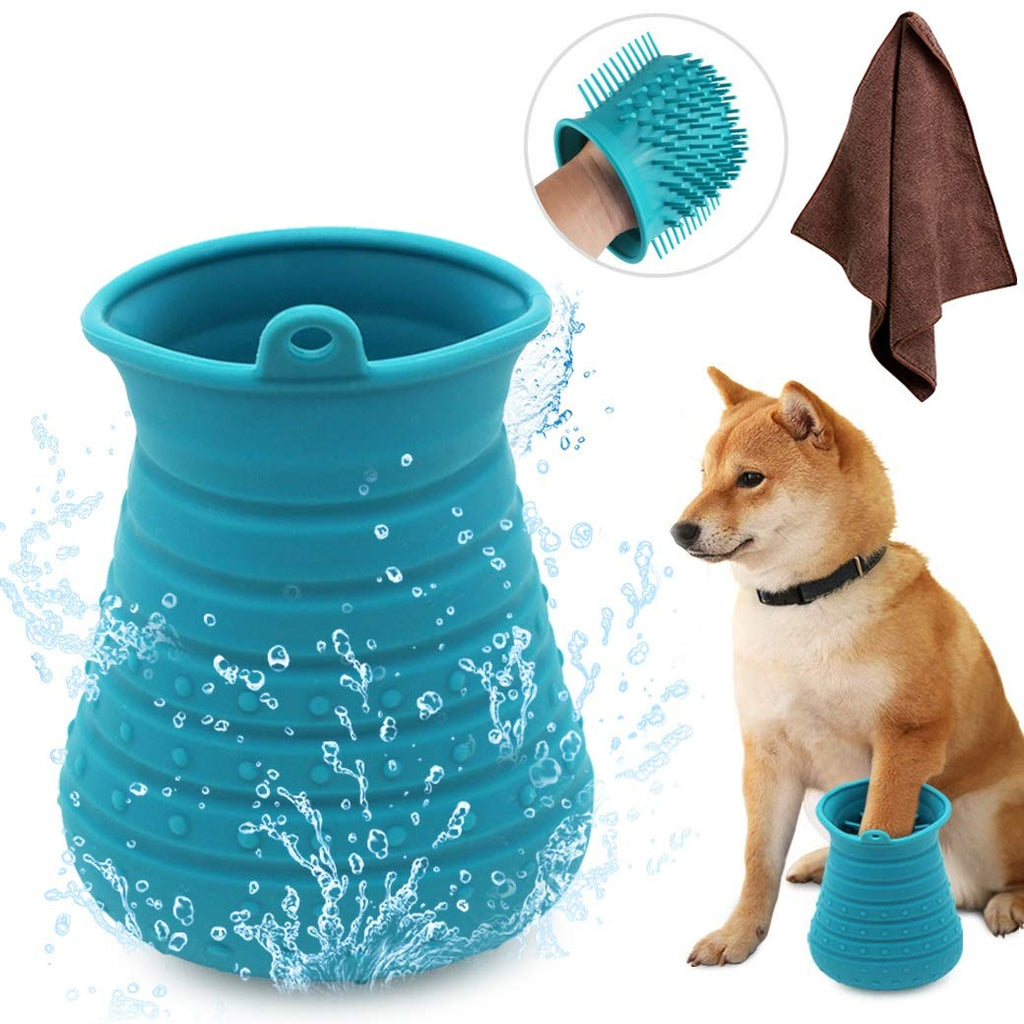 Dog Paw Cleaner Cup with Towel Pet Foot Washer Protable Dog Cleaning Brush for Puppy Cats Massage Grooming Dirty Claws(Blue)