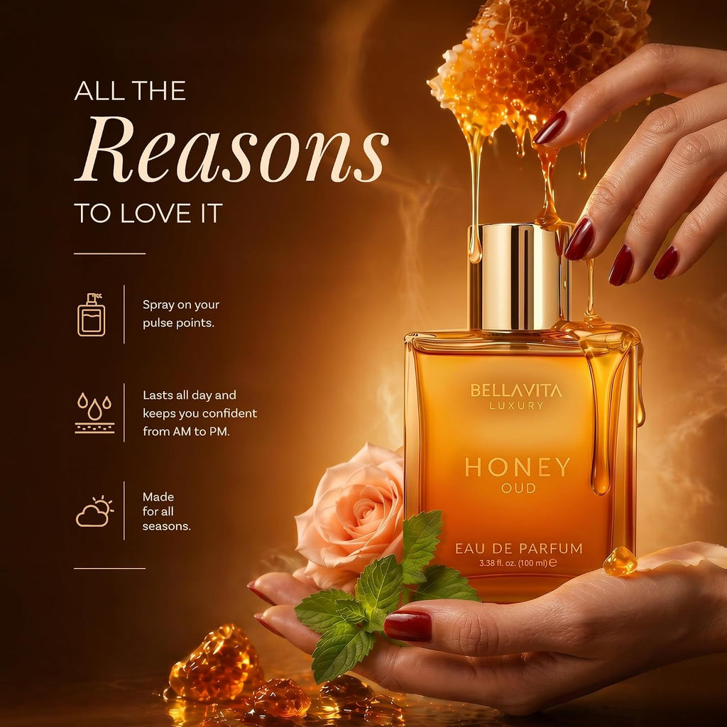 Bellavita Luxury Honey Oud Eau De Parfum (100 Ml) | Patschuli, Vanille, Bergamotte, Blumig & Würzig | Langanhaltender Unisex-Duft Für Damen Und Herren | Das Perfekte Valentinstagsgeschenk